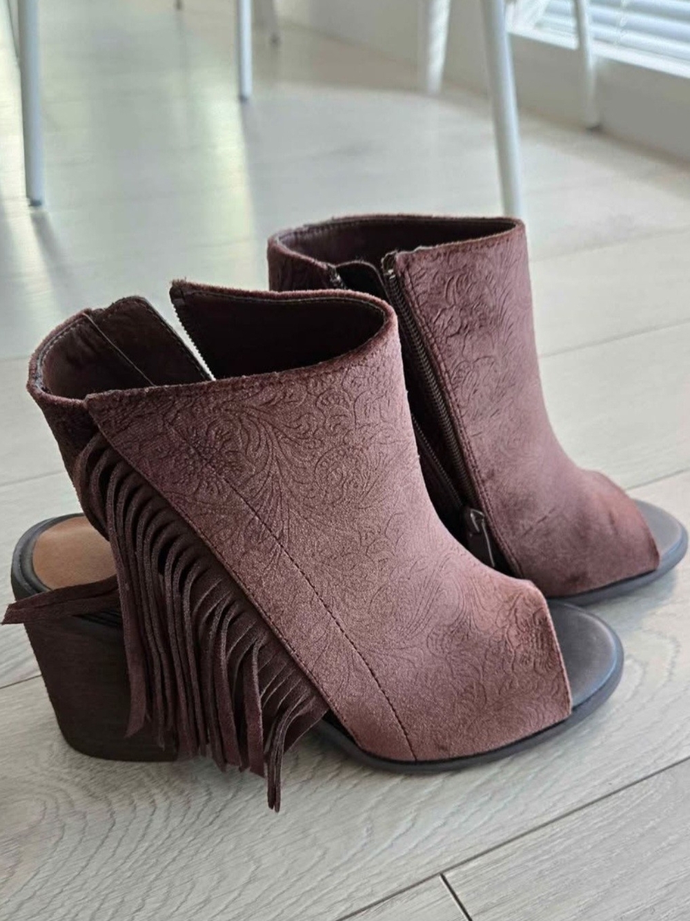 Fringed Peep-Toe Ankle Boots in Brown